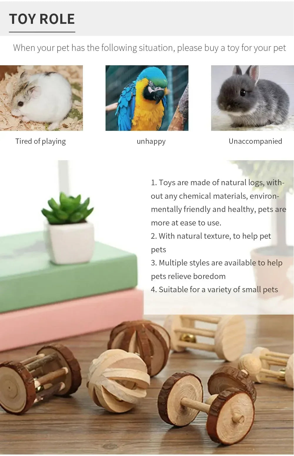 Cute Rabbit Roller Toys Natural Wooden Pine Dumbells Unicycle Bell Chew Toys for Guinea Pigs Rat Small Pet Molars Supplies