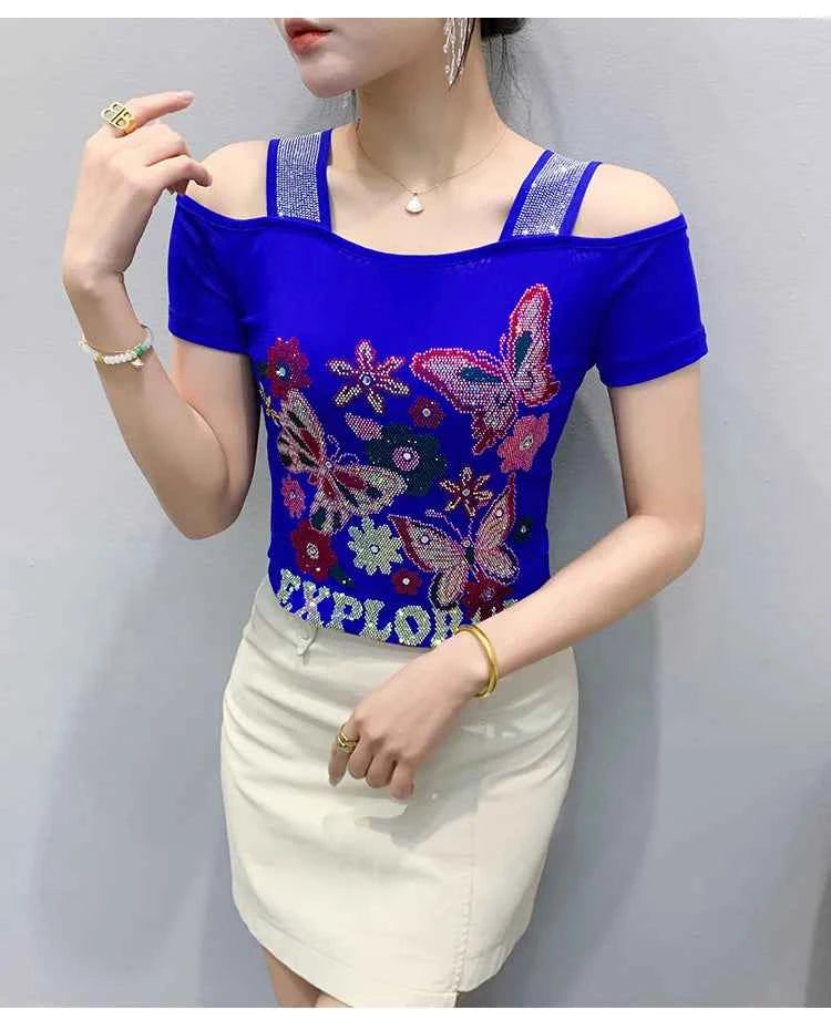 New Arrival Summer European Clothes Women's T-Shirts Chic Luxury Butterfly Hot Diamonds Tees Sexy Girl Slim Streetwear Tops