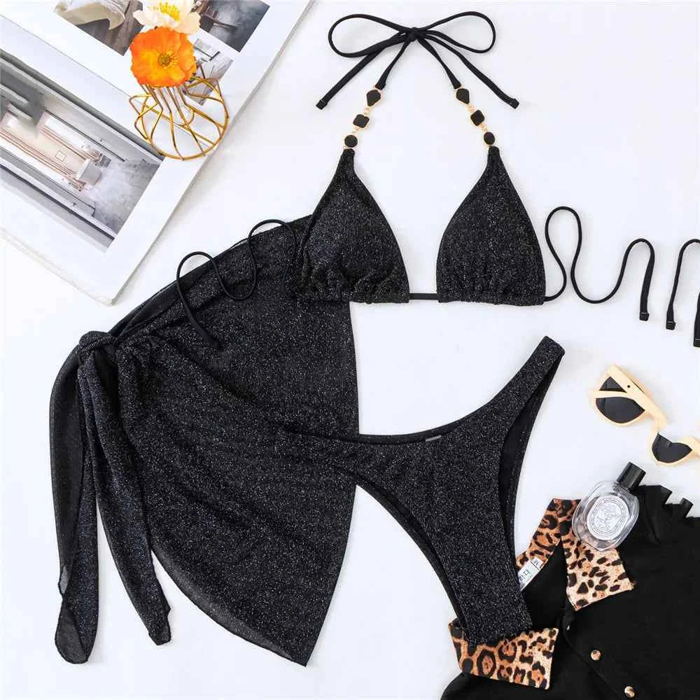 Sexy Black Shiny Swimwear Sarong String Halter Triangle Bikinis Sets 3 Pieces Rhinestone Swimsuit Women 2026 Bather Beachwear