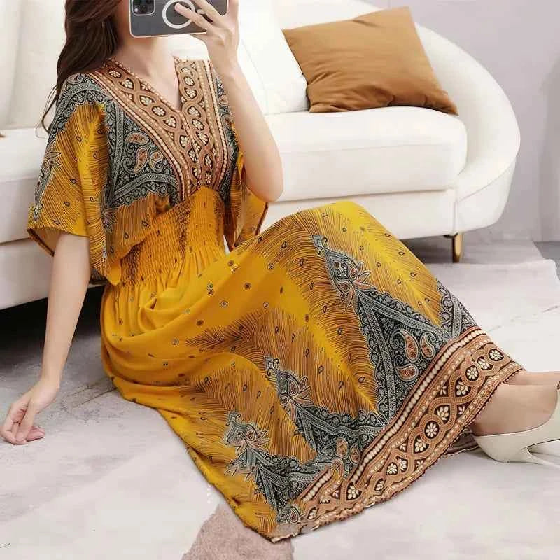 Colorful Flower V-neck Elastic Youthful Bohemian Sweet Midi Dress Woman Clothes Chic Fashion Summer Dresses 2025 Large Swing Ski