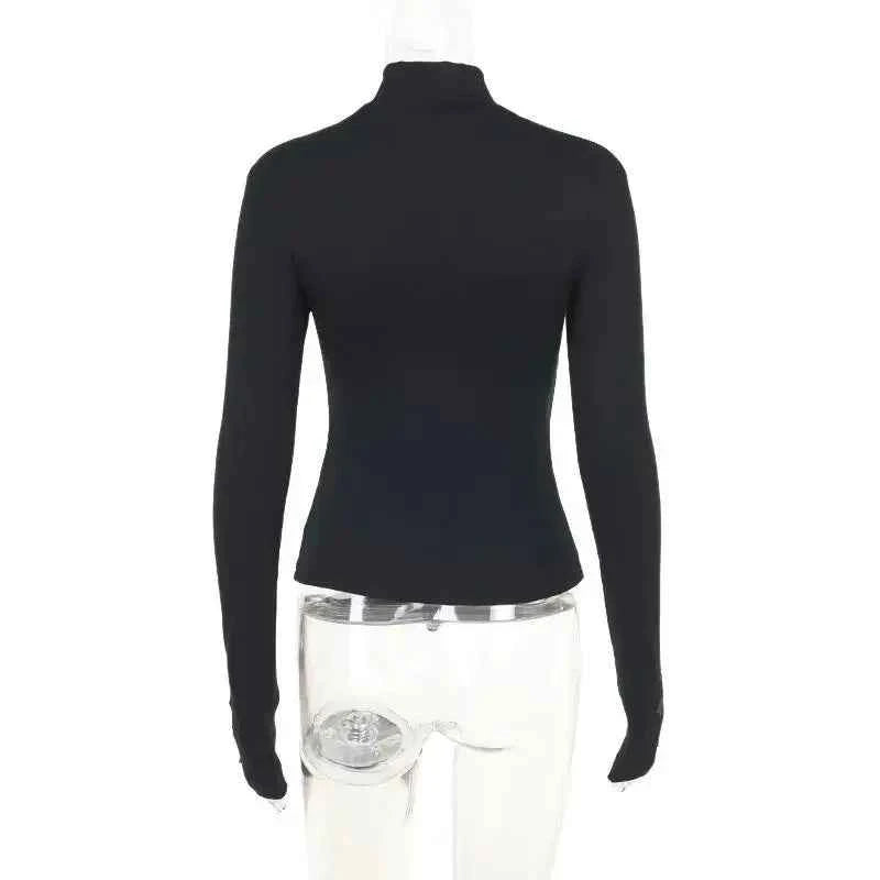 Turtleneck Top Y2k Clothes Black Gothic Cross Hollow Slimming Bottom T Shirt for Women Long Sleeve Sexy T-shirt Girls Tops