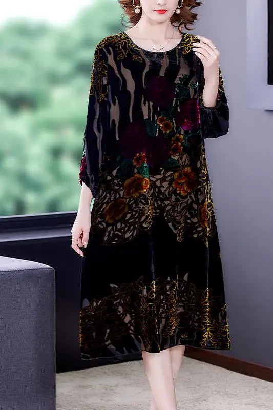 Large Size Gold Velvet Dress Women's Autumn New High-End Mulberry Silk Burnt Flower Dress Luxurious Temperament Vestidos