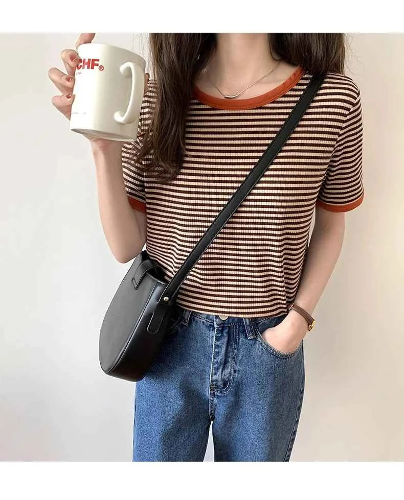 Striped Short Sleeve T-shirt Women's Summer New Korean Version Loose Retro Contrast Slim Round Neck Top Women's Fashion Casual