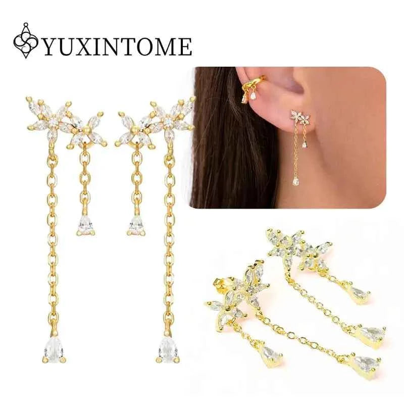 Women's 925 Sterling Silver Ear Needle Crystal Zircon Water Droplets Stud Hoop Gold Huggie Earrings Premium Luxury Party Jewelry