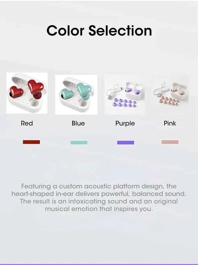 Heart Buds TWS Earbuds for Girls Pink Bluetooth 5.1 20H Playtime with Charging Case Lightweight Gift for Women Gaming Students