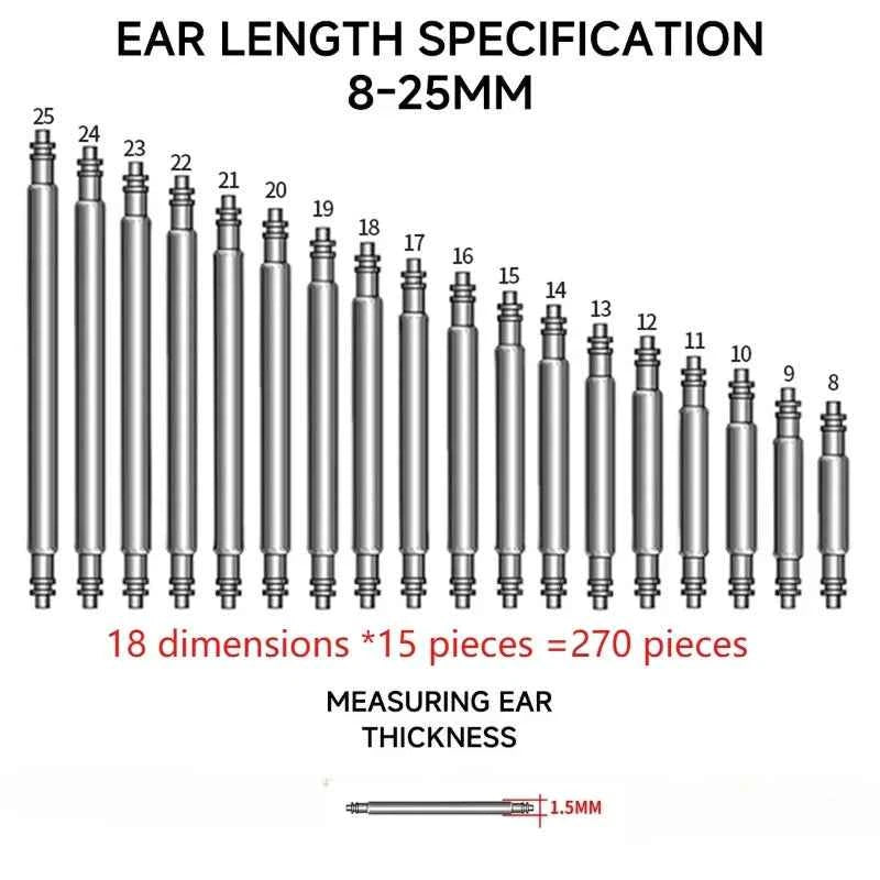 270pcs/set Strainless Steel Spring Bars Dia 1.5mm length8mm - 25mm/ Watchband Strap Belt Watch Repair Tools Pin
