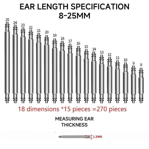 270pcs/set Strainless Steel Spring Bars Dia 1.5mm length8mm - 25mm/ Watchband Strap Belt Watch Repair Tools Pin