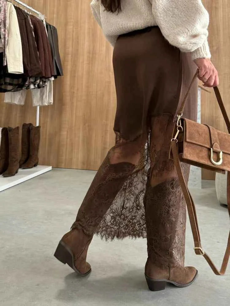 Sexy Lace Patchwork Long Skirt Women Elegant Fashion Solid Waist Cinched Mid-length Bottom Lady 2025 Party Daily Street Skirts
