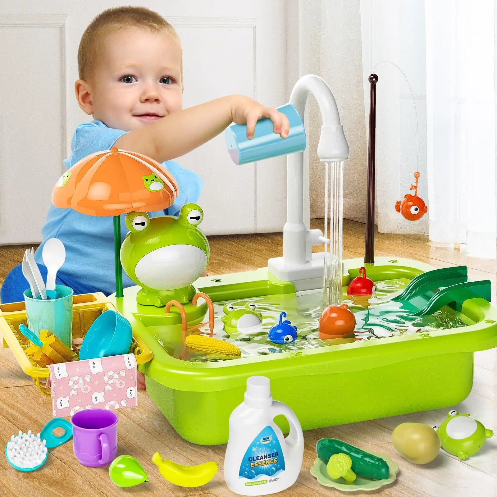 Kids Electric Kitchen Sink Toys with Running Water, Pretend Play Dishwasher & Fishing Toys, Educational Role Play Gift for Girls