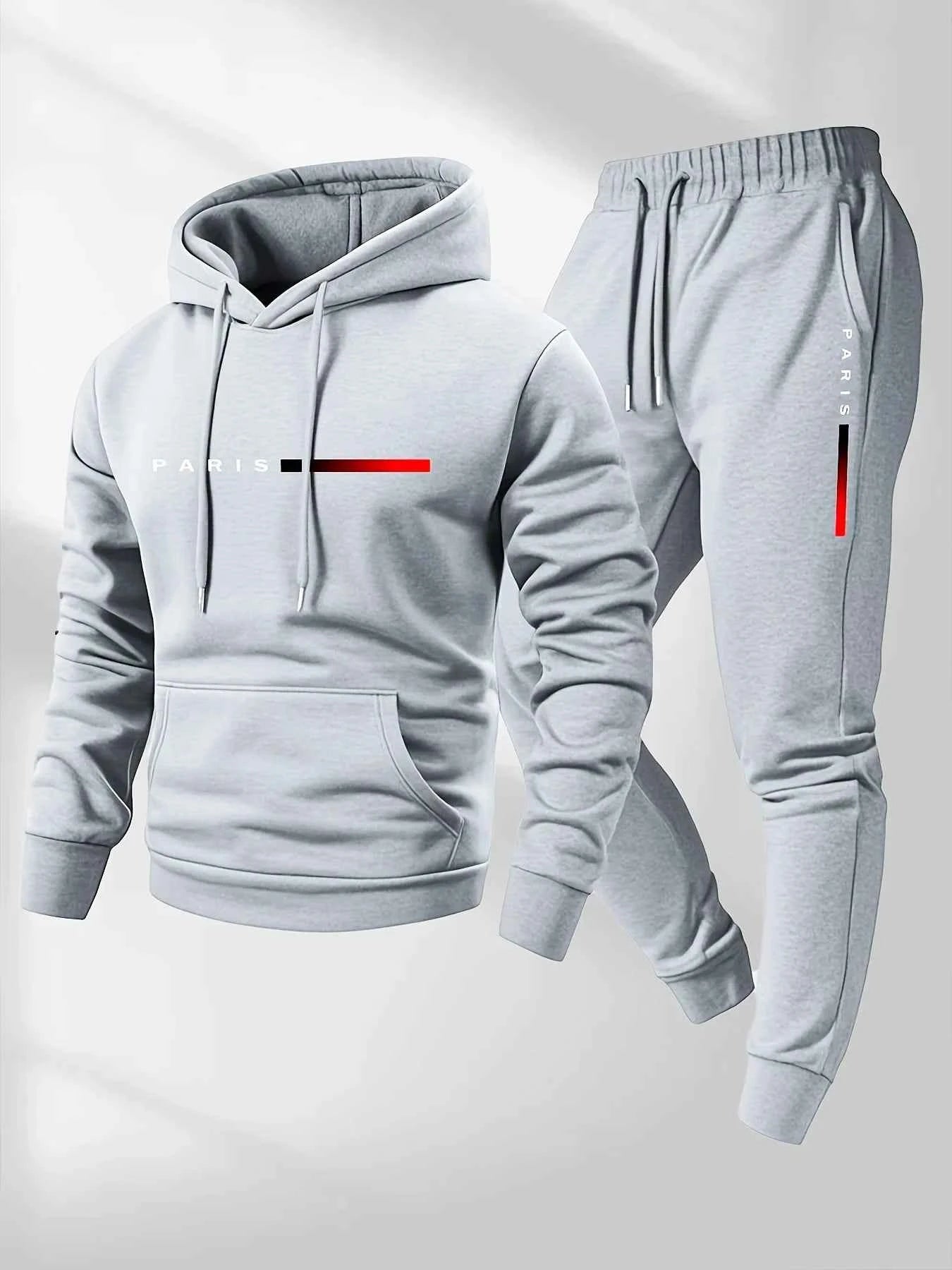 PARIS Letter Print Sweatshirt Suit Men's Fleece Hoodie Pants Set Spring Autumn Winter Warm Casual Sports Pullover Trousers Sets