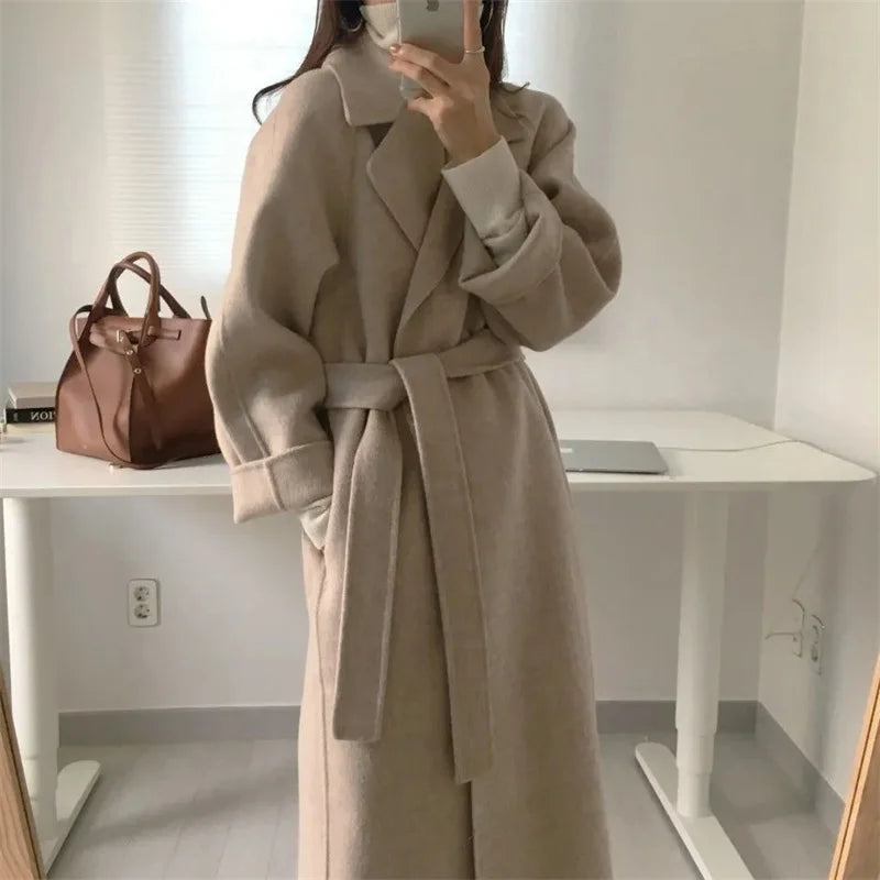 Chic Thick Warm Lapel Lace-up Pockets Loose Woolen Coat 2025 Autumn Winter New Korean Female Long Oversize Casual Women Clothes