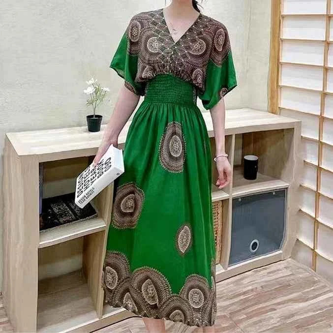 Colorful Flower V-neck Elastic Youthful Bohemian Sweet Midi Dress Woman Clothes Chic Fashion Summer Dresses 2025 Large Swing Ski
