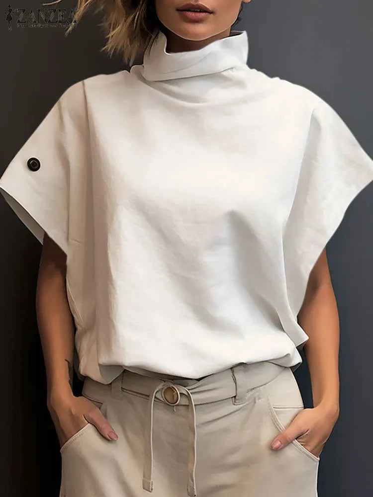 Women Fashion OL Work Shirt 2024 ZANZEA Summer Elegant Turtleneck Short Sleeve Blouse Casual Loose Office Tops Party Blusas