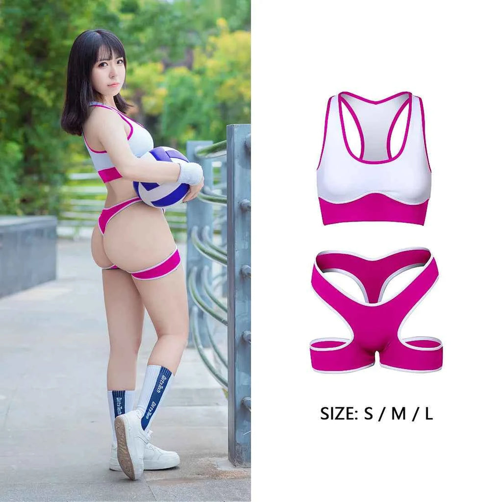 Sexy Cute Pure Desire Bra Set Girl Cheerleading Sports Underwear Lingerie Student Cosplay Costumes Hollow Split Swimsuit Bikini