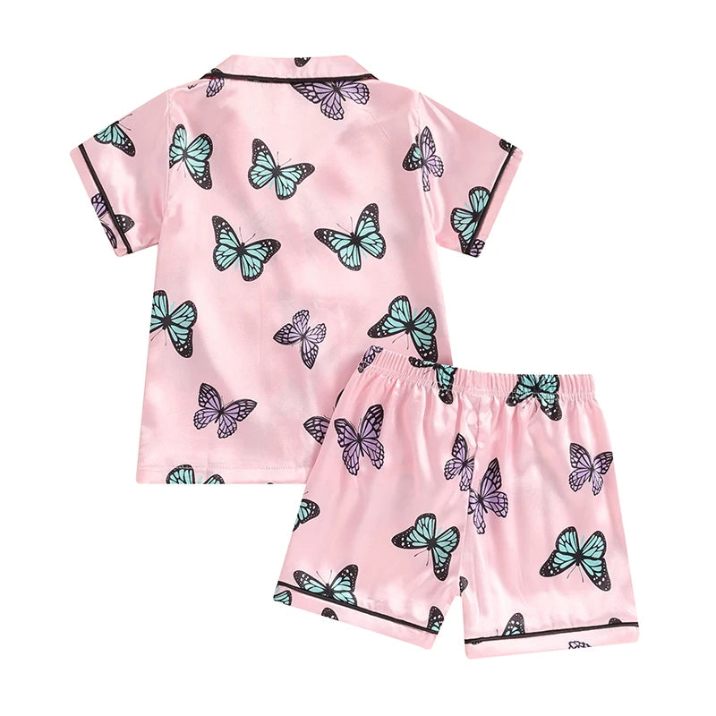 Kids Girls Summer 2PCS Pajama Sets Short Sleeve Lapel Shirt Butterfly Print Pants Loose Sleepwear for 1 Years to 7 Years