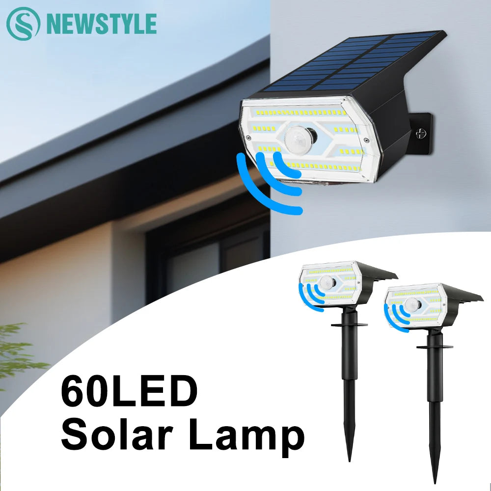 LED Solar Garden Lights 60LED Security Lights Outdoor Motion Sensor Solar Landscape Spotlights 3 Modes Waterproof Yard Wall