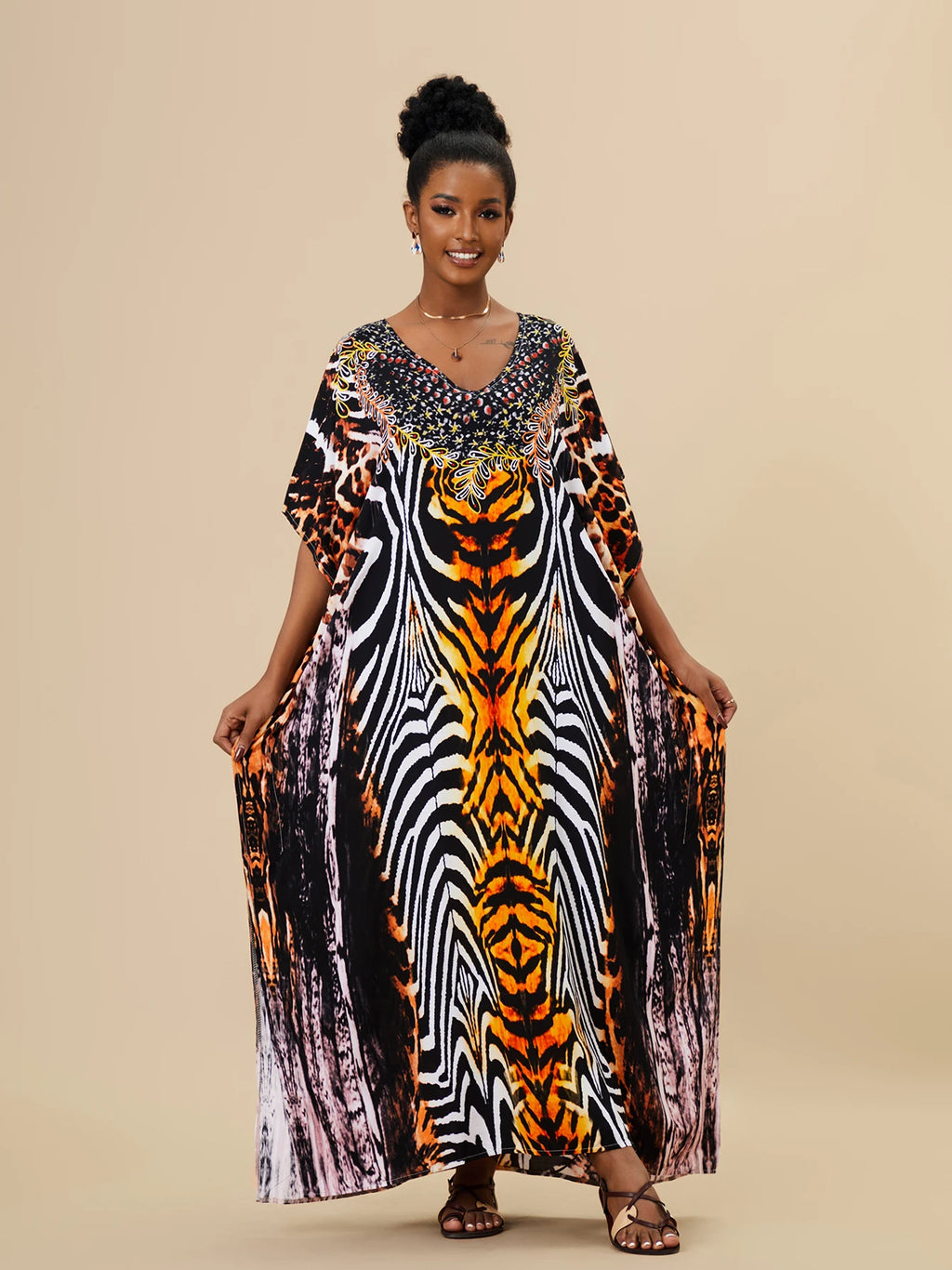 EDOLYNSA 2023 Bohemian Printed Loose Kaftan Casual Summer Vacation Maxi Dress Women Clothing Beach Wear Swim Suit Cover Up Q1469