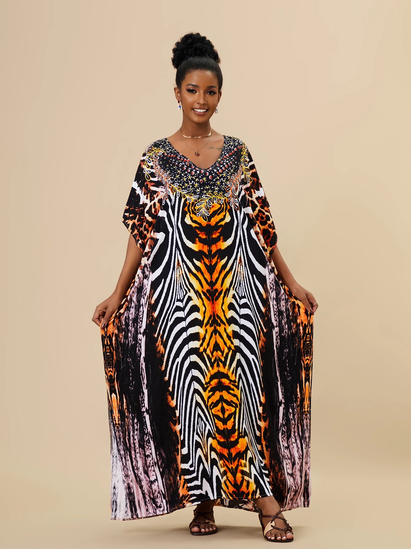 EDOLYNSA 2023 Bohemian Printed Loose Kaftan Casual Summer Vacation Maxi Dress Women Clothing Beach Wear Swim Suit Cover Up Q1469
