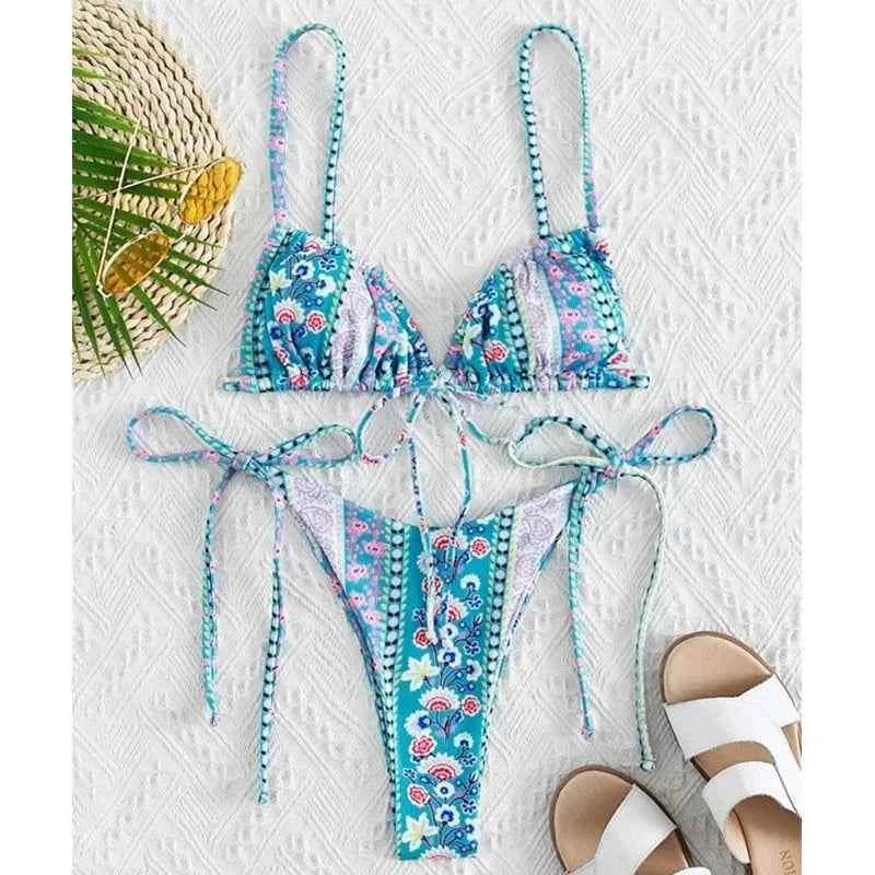 BIQIUYYI New Floral Print String Bandage Bikinis Triangle Cup Push Up Swimsuit Women Bathing Suit Beachwear Halter Swimwear XS