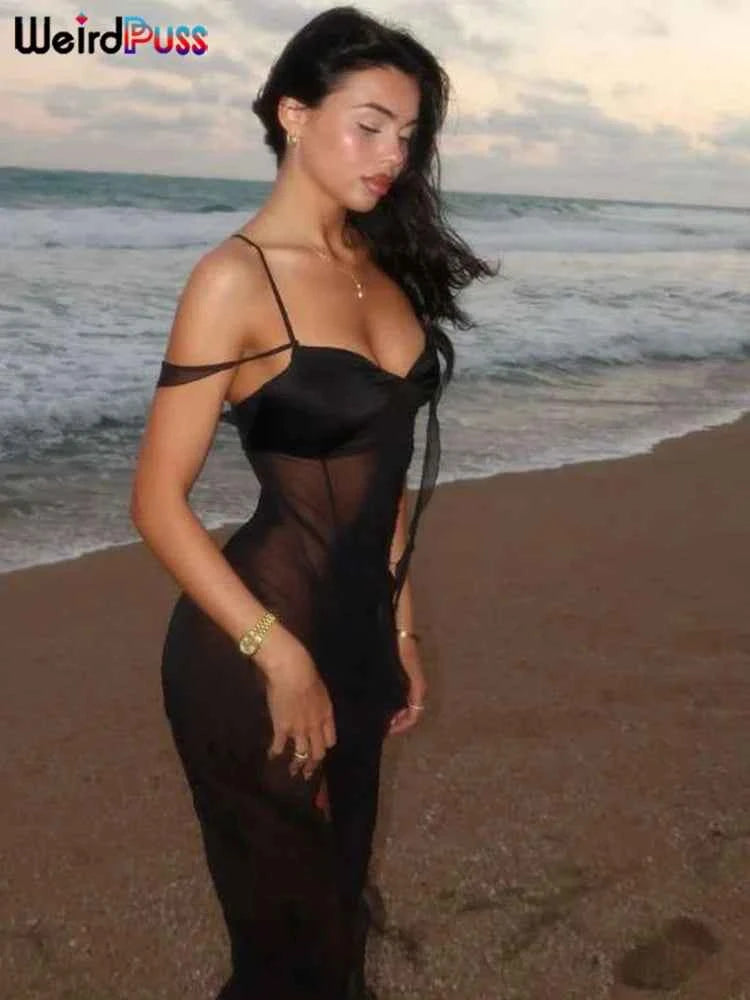 Weird Puss See Through Dress Woman Summer Sexy Spaghetti Straps Patchwork Irregular Tassel Splits Swimsuit Beach Skinny Vestidos