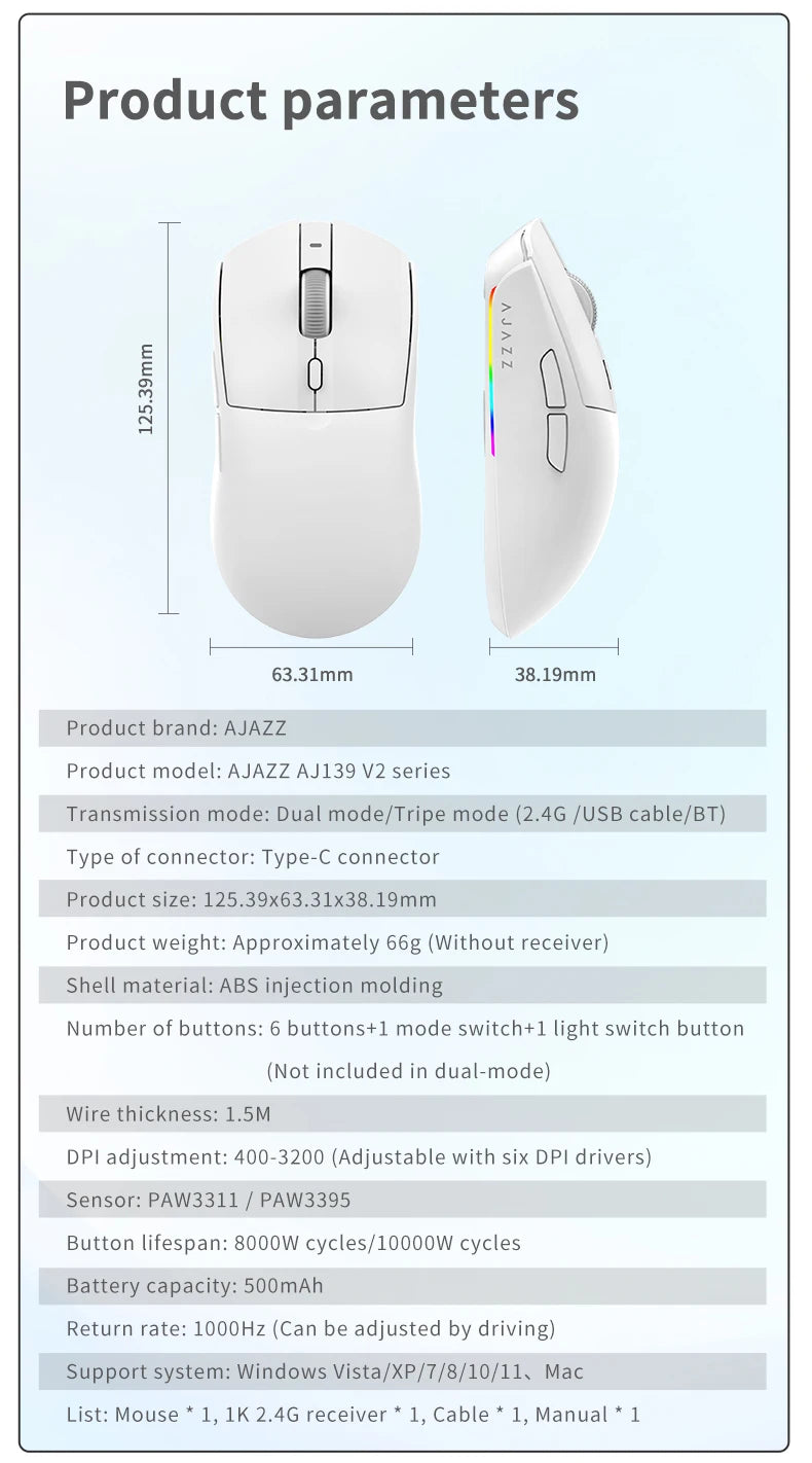 AJAZZ AJ139 V2 MC PAW3311 Wireless Gaming Mouse RGB Magnetic Charging Dock Macro Mice Bluetooth 12000-24000DPI for PC Gamer