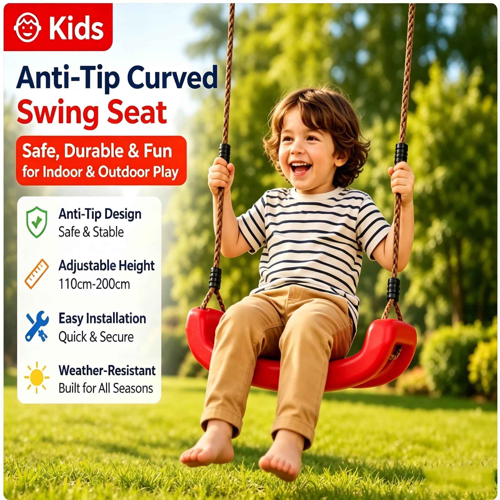 Kids  Anti-Tip Curved Swing Seat Indoor Outdoor Garden Swing Board with Hanging Rope Children Playground Swing Accessories