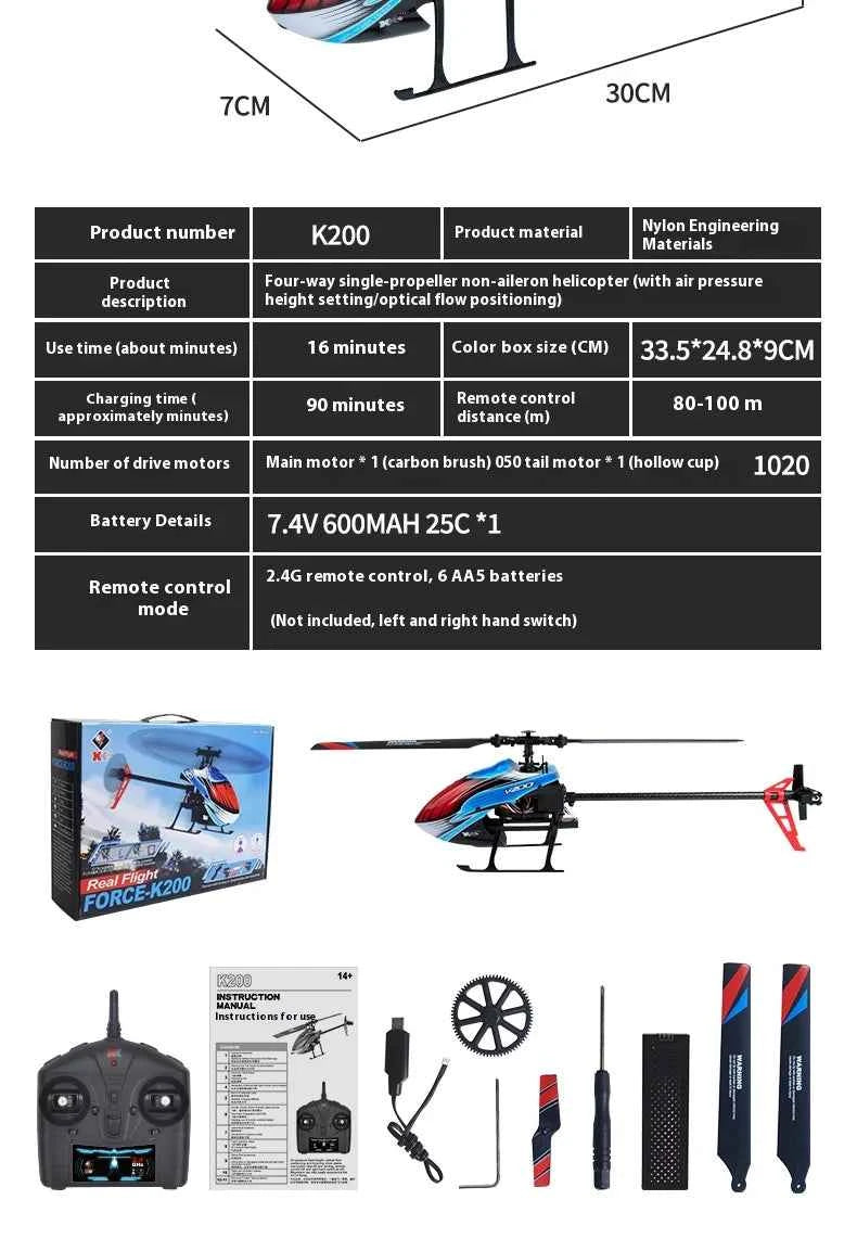 WLtoys RC Helicopters K200 2.4Ghz 4CH 6-Aixs Gyroscope Fixed Height Single Blade Propellor Gyro Mini RC Toys For Kids Gift
