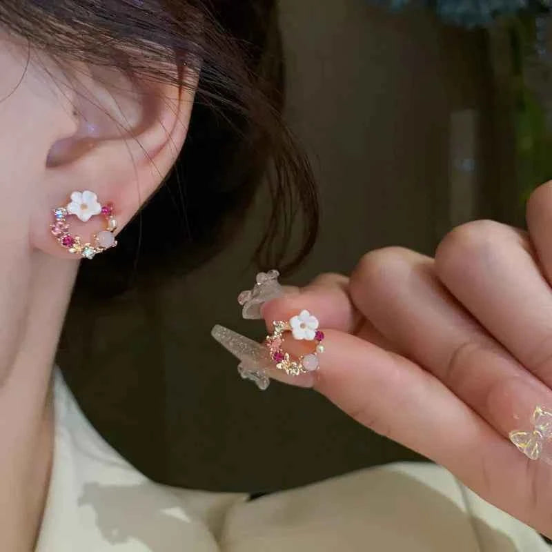Colorful Flower Earrings Imitation Pearl Geometric Stud Earrings For Women Sweet Elegant Earrings For Party Banquet Jewelry Gift