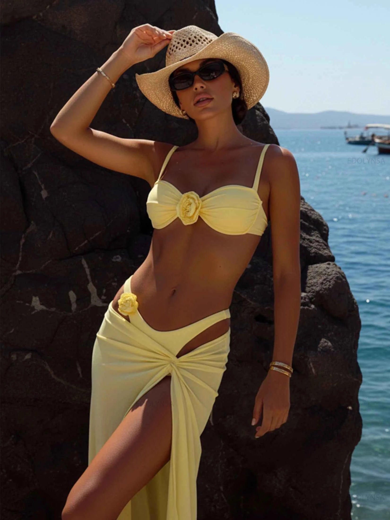 Butter Yellow 3-Piece Bikini Set Flower Chi Bathing Suit with Long Skirt Coverup Beach Outfit Resort Wear 2025 New Swimsuit K303