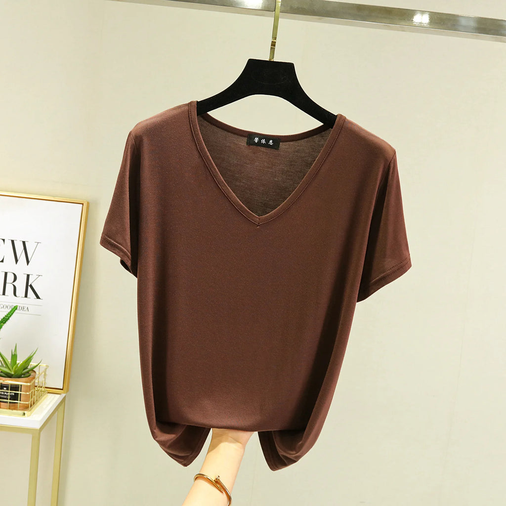 Summer women Modal V-Neck Tshirt Thin Bottoming T-shirts Plus size Loose tee tops Streetwear Basic Top
