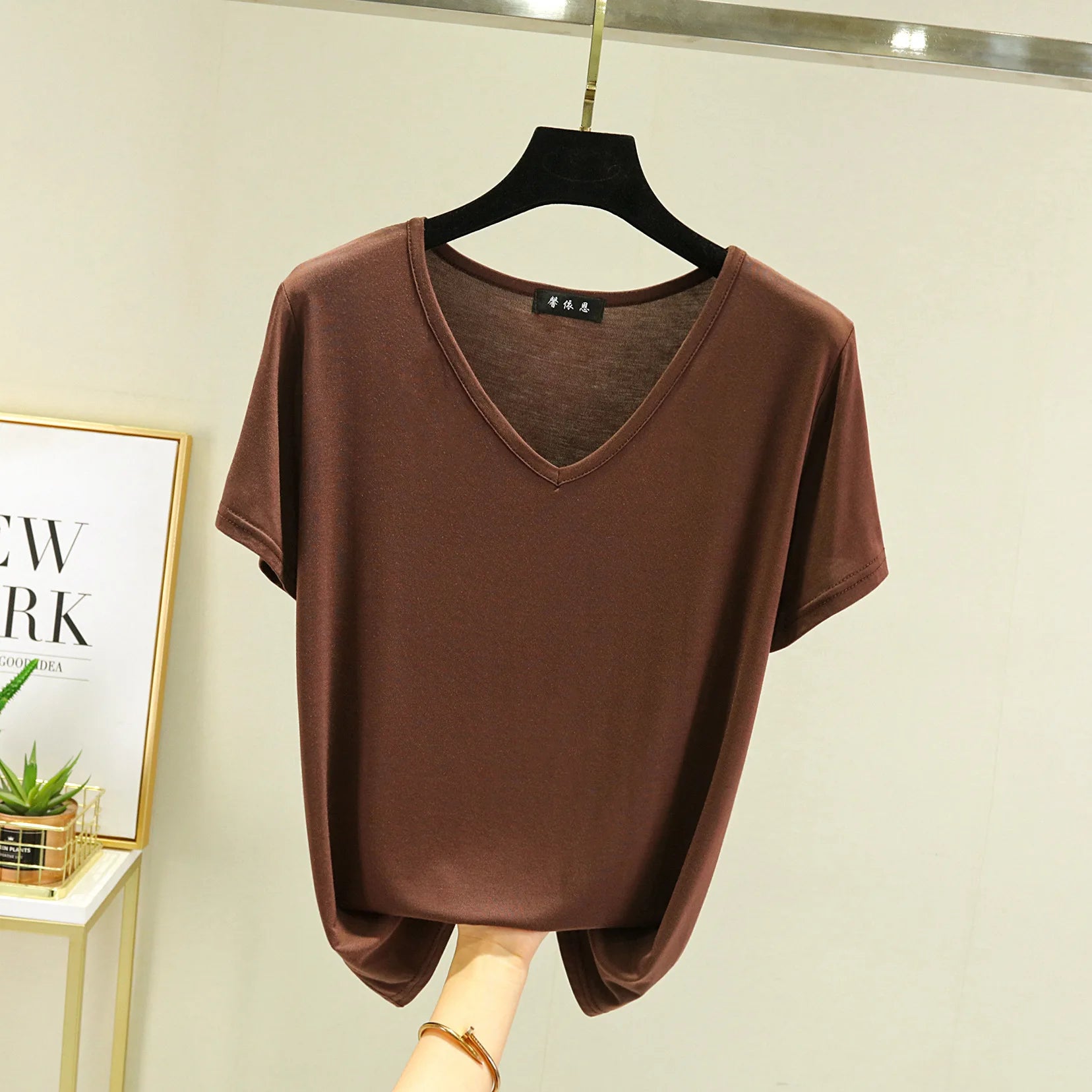 Summer women Modal V-Neck Tshirt Thin Bottoming T-shirts Plus size Loose tee tops Streetwear Basic Top