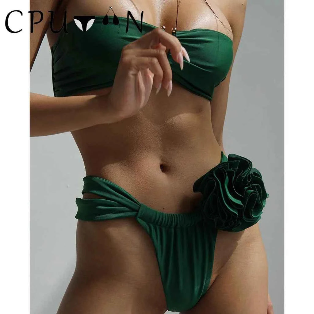 2026 New Sexy White 3D Flower Solid Two Piece Push Up Bikini Set Luxury Swimwear Women Swimsuit Beachwear Summer Bathing Suit