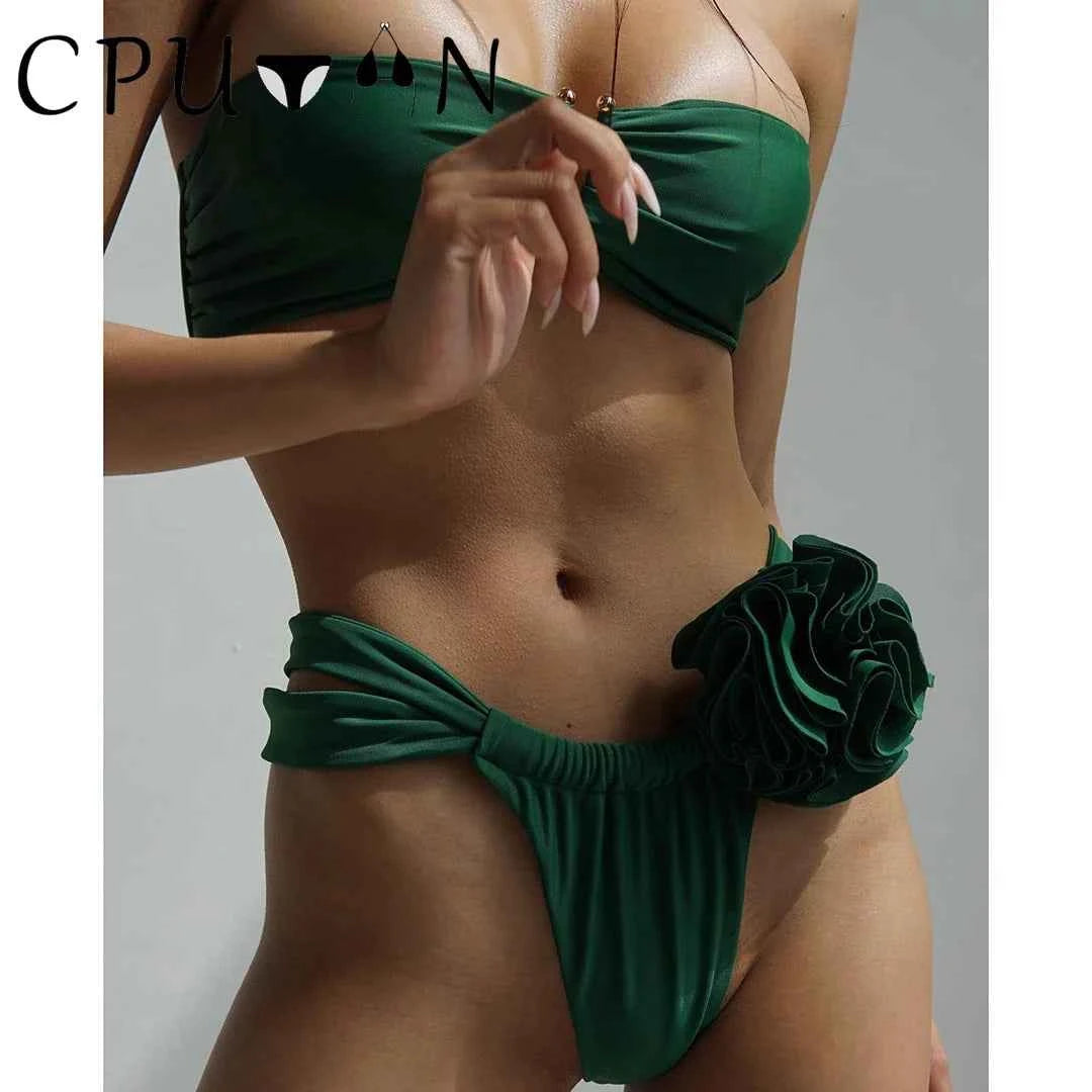 2026 New Sexy White 3D Flower Solid Two Piece Push Up Bikini Set Luxury Swimwear Women Swimsuit Beachwear Summer Bathing Suit