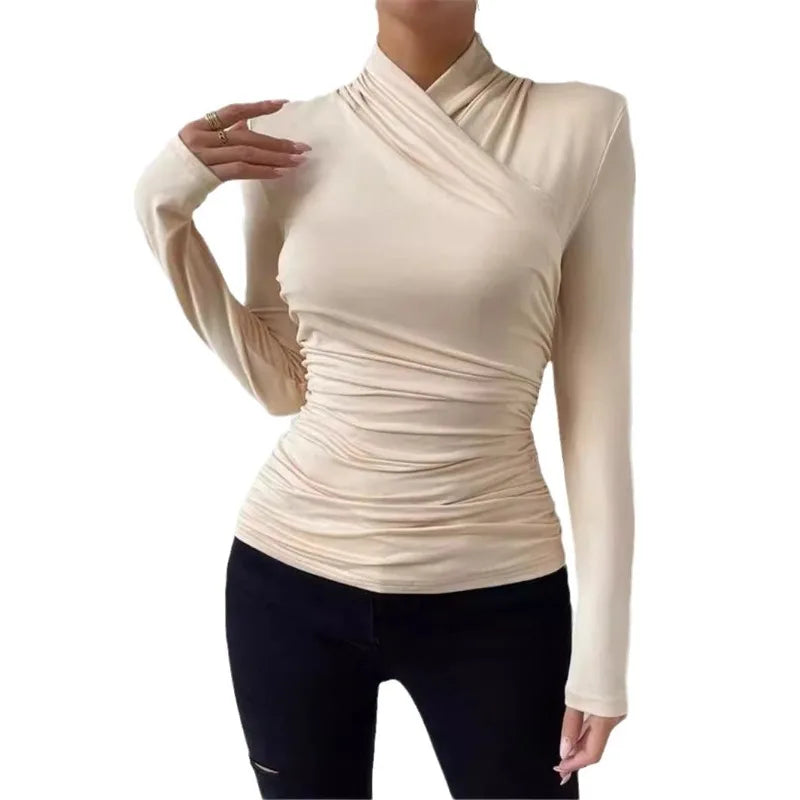 Women's Clothing Autumn Winter Tshirts New Design Cross Neckline Versatile Pleated T-shirt Comfortable Fashion Slim Fit Sexy Top