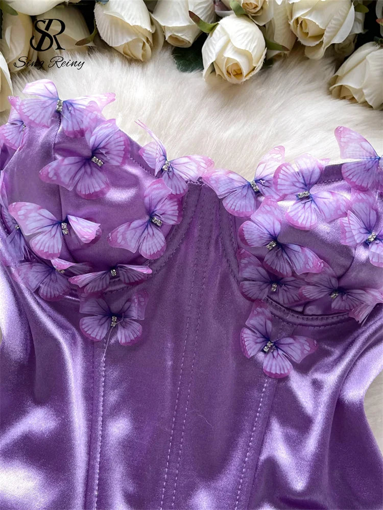 SINGREINY 3D Butterfly Satin Sexy Top European Sleeveless Fishbone Corset 2024 Female Senior Streetwear Hotsweet Strapless