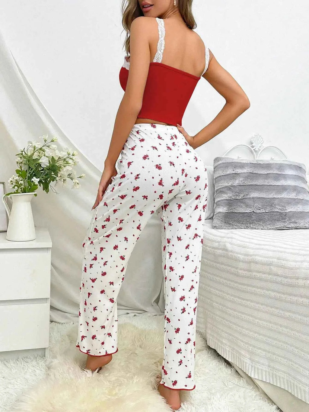 2PCS Pajamas Sets Women Sleepwear Autumn Winter Sleeveless Casual Floral Printed Tops and Trouses Homewear Loungewear