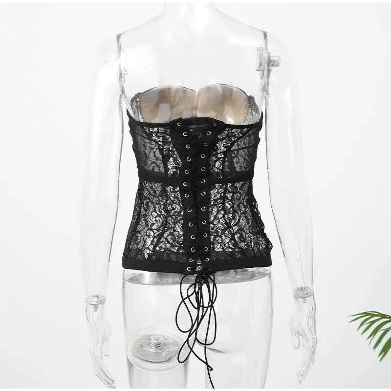 Sexy Women Black Lace Corset Vest Fashion See Through Hollow Out Strapless Top Chic Autumn 2025 New Party Lady High Street Vests