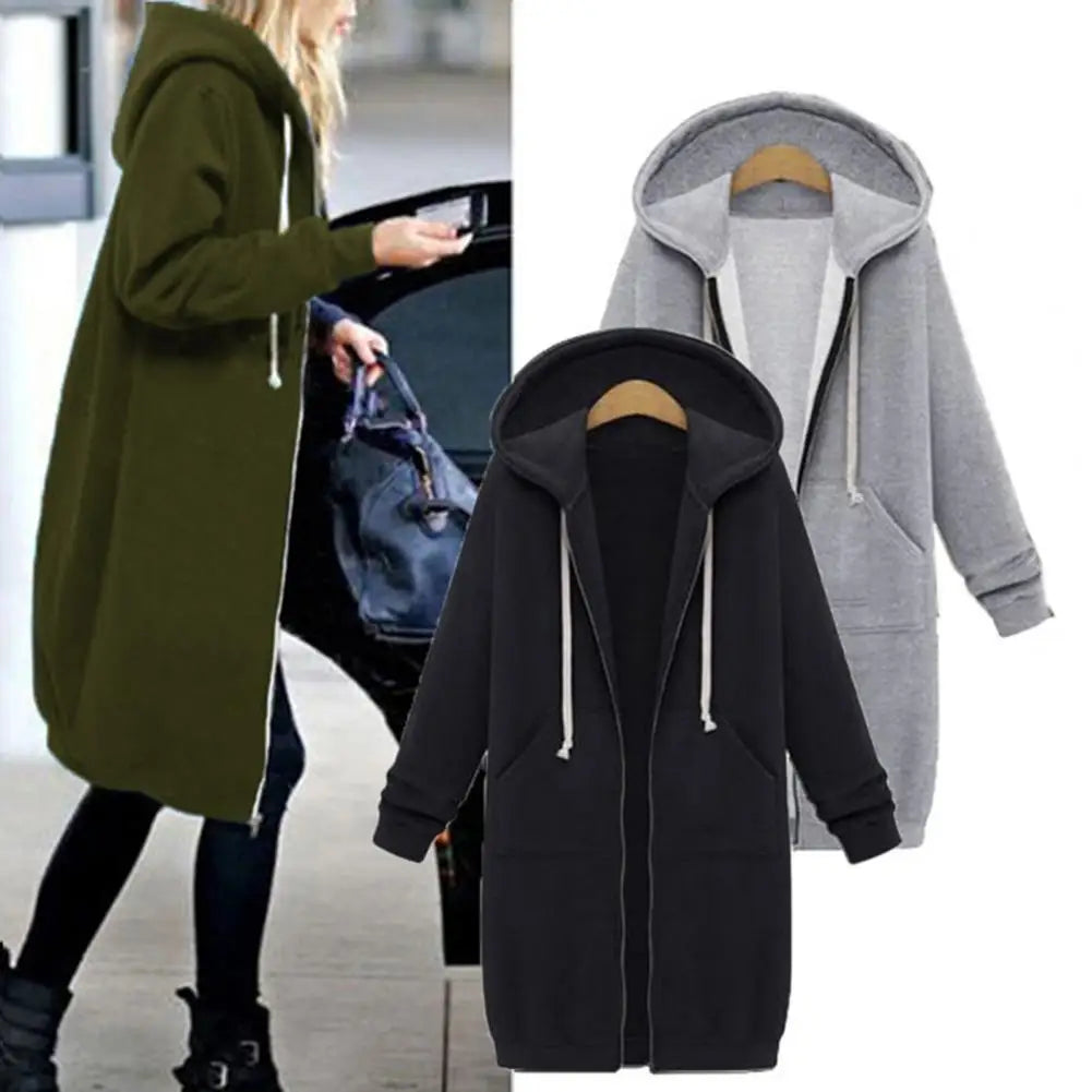 Plush Hooded Drawstring Women Jacket Thick Long Sleeves Zip Up Knee Length Autumn Coat Hooded Long Loose Winter Sweatshirt