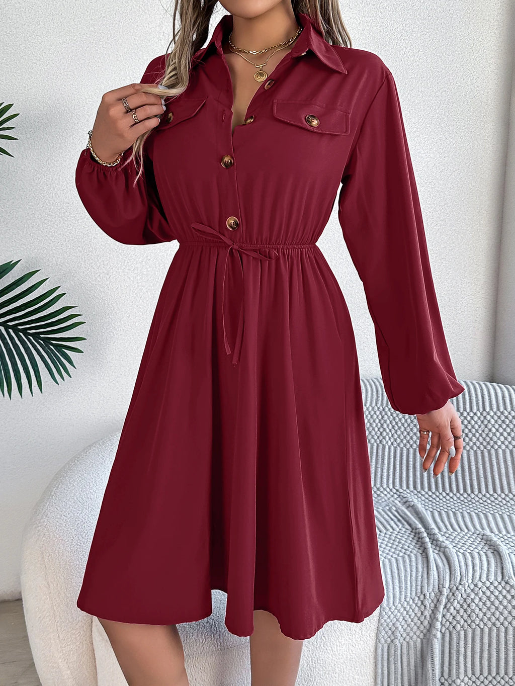 Autumn Winter Dresses for Women Casual Solid Color Button Tie Up Long sleeved Shirt Dress Blue  Green Black Red Woman Clothing