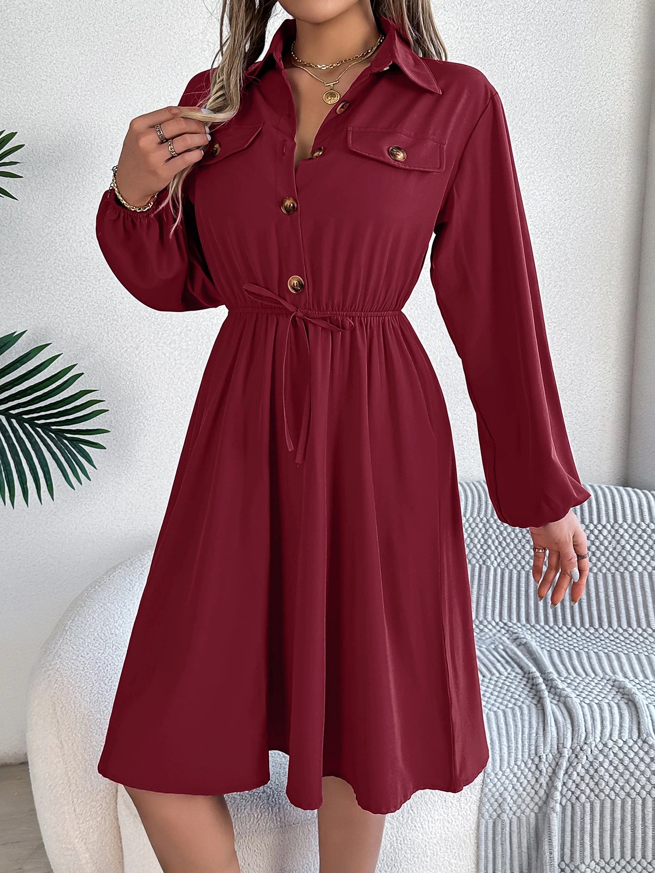 Autumn Winter Dresses for Women Casual Solid Color Button Tie Up Long sleeved Shirt Dress Blue  Green Black Red Woman Clothing