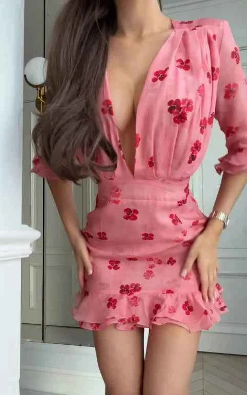 Flora Painted Ruffle Mini Dress Women Elegant Full Sleeve Deep V-neck Slim A-line Dresses 2026 Lady Holiday Street Outwear New