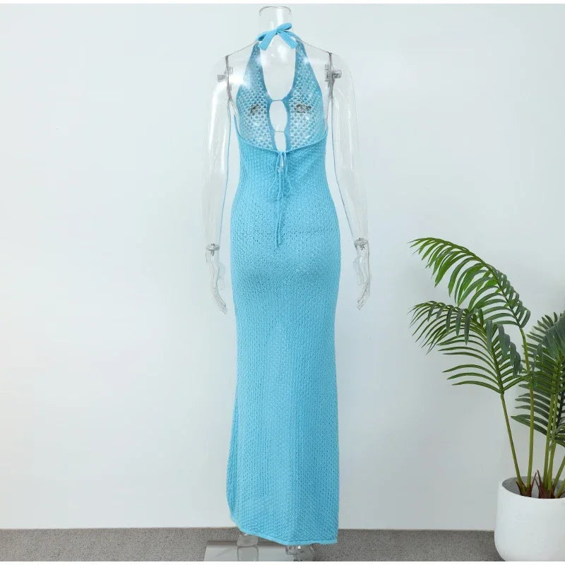Sexy Deep V-neck Cut Out Halter 2026 Summer Women Knit Back Tie Up Slit Bodycon Beach Maxi Dress Swimsuit Swimwear Coverup A3027