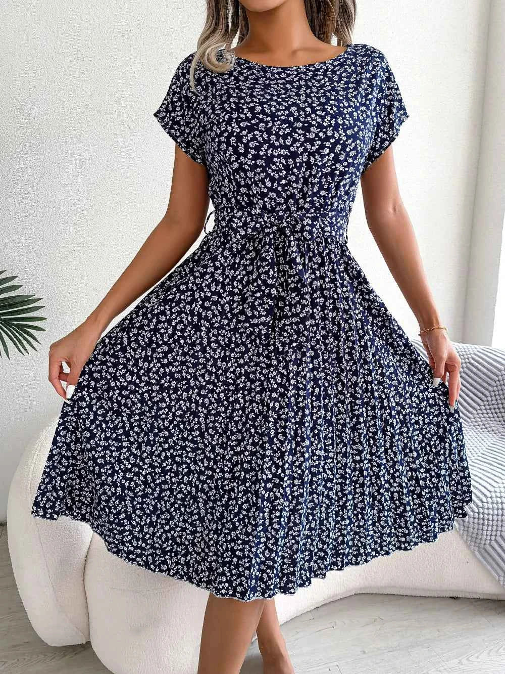 Ficusrong Fashion Floral Pleated A Line Long Dress Women Spring Summer Short Sleeve High Waist Chic Dress