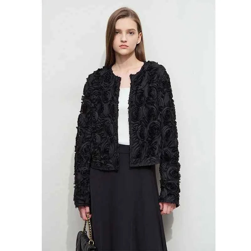 AMII Minimalism Short Jacket Women 2025 Autumn New Elegant Romantic Stereoscopic Flower O-Neck Hook Button Outwear Coat 12521066