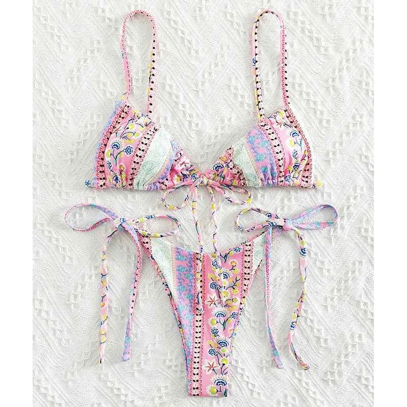 BIQIUYYI New Floral Print String Bandage Bikinis Triangle Cup Push Up Swimsuit Women Bathing Suit Beachwear Halter Swimwear XS