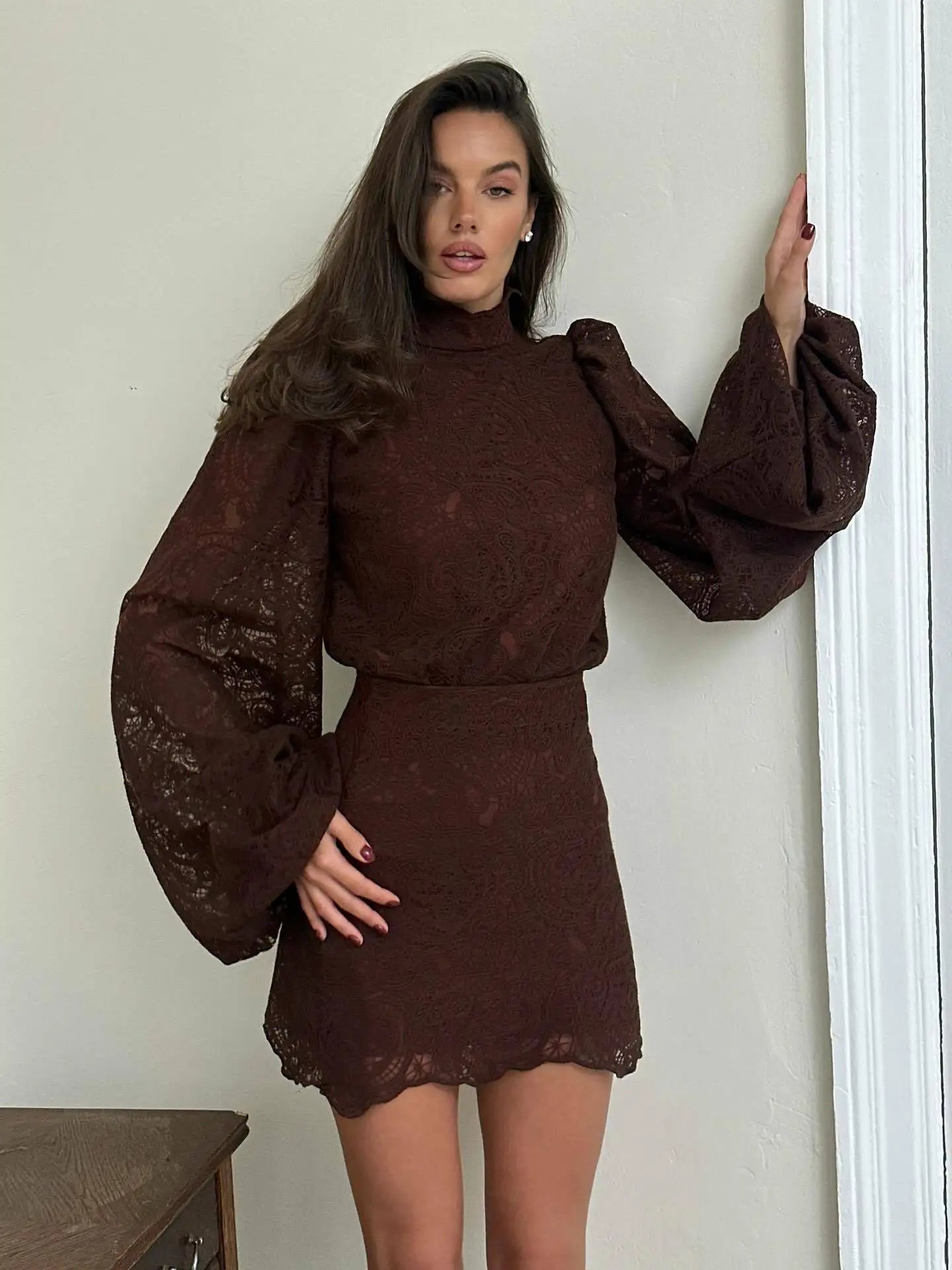 White Lace Dresses Elegant Solid Flared Sleeve High Neck Slim Pleat Mini Women Dress 2026 New Fashion Club Evening  Party Robes