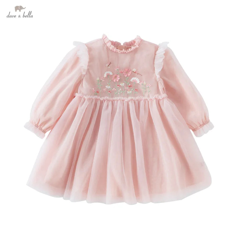 Dave Bella Princess Dress for Girls Baby Children 2025 Spring Long Sleeved Charm Mesh Embroidery Floral Gentle Cute DB1250434