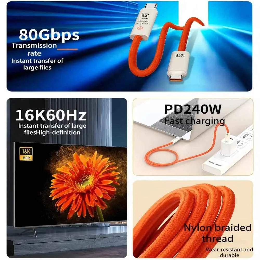 USB 5.0 Nylon Braided Cable with Dual Type-C Ports 240W PD Fast Charging Multifunction Data Cable for Screen Casting