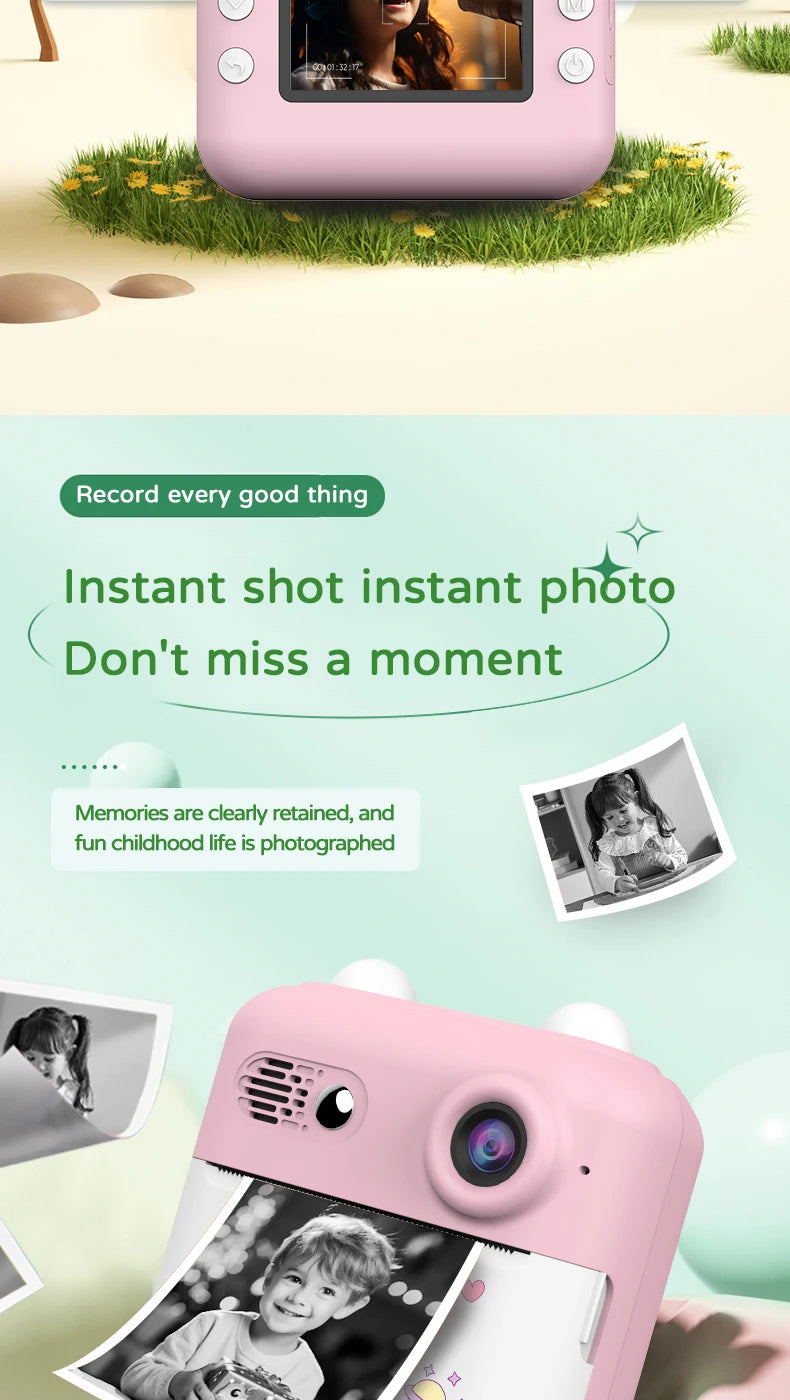 Kids Photo Camera Printer with Game Cute Bunny Mini Digital Video Child Instant Print Camera 4-12 Years Kids Girls Boyes Gifts