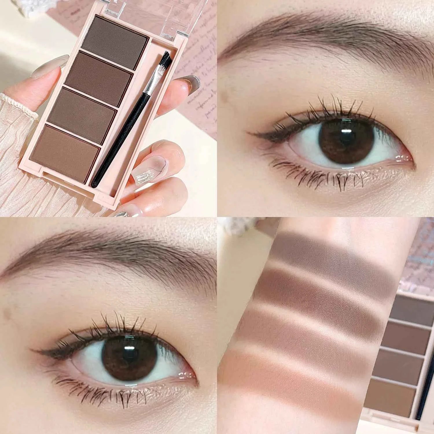 A set of 4-color eyebrow powder trays with brushes in gray and brown matte tones for long-lasting color rendering, filling and s